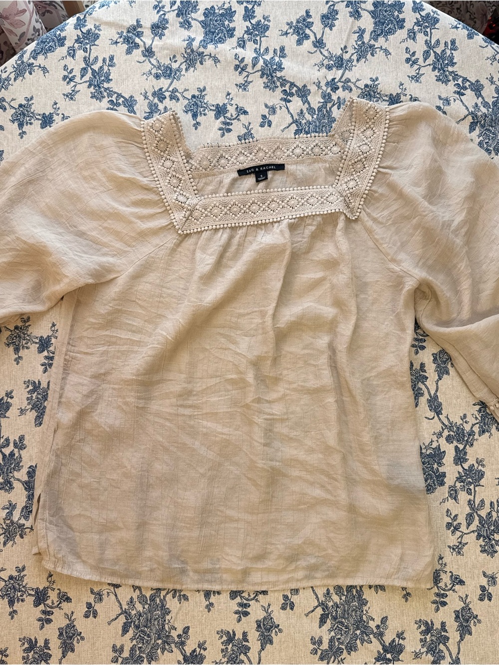 Zac & Rachel Beige Square-Neck Embroidered Peasant Top